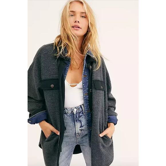 Free People Ruby Jacket in Washed Black Size S Raw Hem Elbow Patch Gray Oversize - Picture 1 of 11